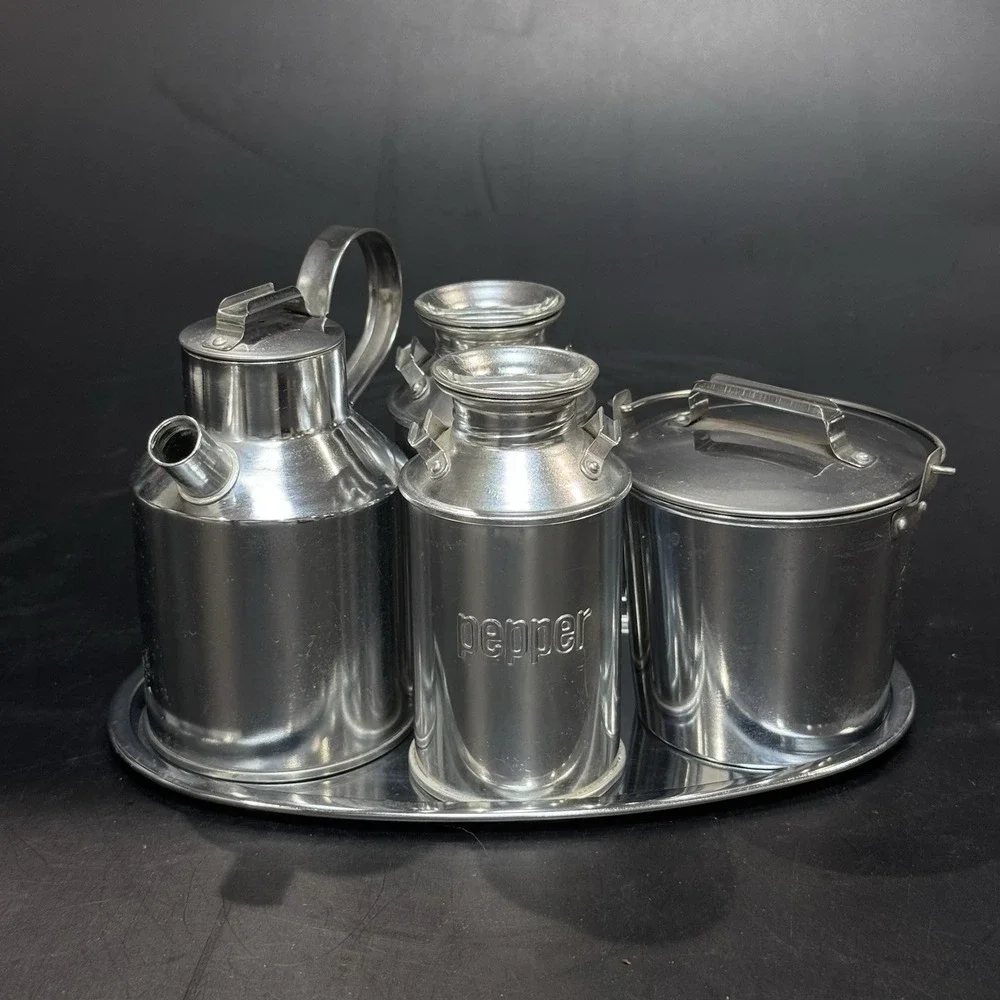Vintage Mid Century Aluminum Kitchen Table‎ Condiment Set Made in Japan 9pc LNC